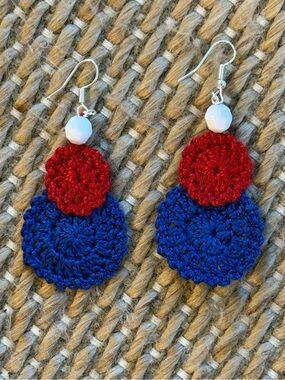 Hand Crafted Red and Blue Crochet Double-Drop Earrings with White Bead